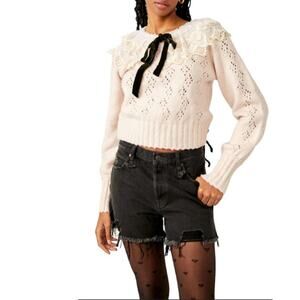 Free People Hold Me Closer Lace Yoke Sweater In Pearl Combo Small